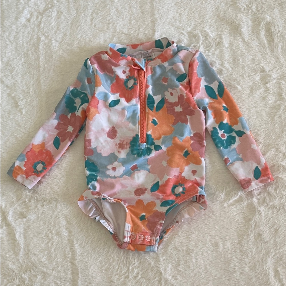 Carters Infant Long Sleeve Floral Rash Guard Swimsuit - Pink & Coral SZ 9 month